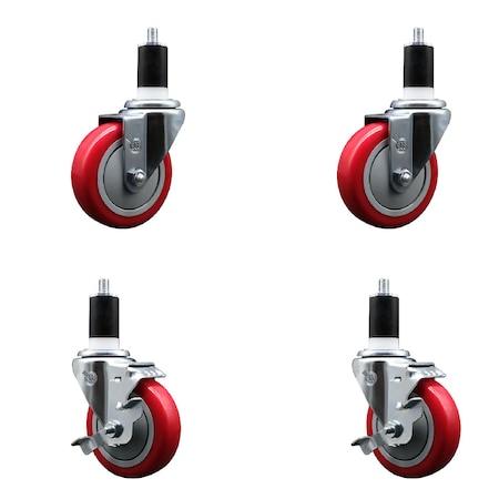 Service Caster 4'' SS Red Poly Wheel Swivel 1-1/2'' Expanding Stem Caster Set 2 Brakes, 4PK SCC-SSEX20S414-PPUB-RED-2-TLB-2-112